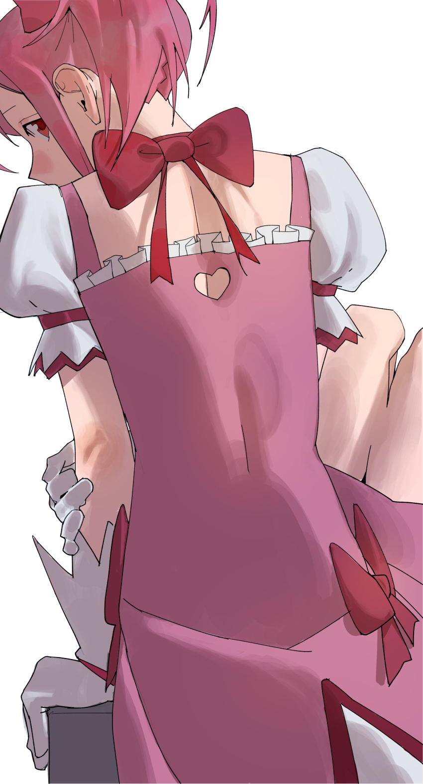 1girl absurdres arm_support back_bow back_cutout bow brunofross clothing_cutout dress dress_bow from_behind gloves highres kaname_madoka knees_up looking_at_viewer magical_girl mahou_shoujo_madoka_magica mahou_shoujo_madoka_magica_(anime) pink_dress pink_eyes pink_hair profile puffy_short_sleeves puffy_sleeves red_bow short_hair short_sleeves simple_background sitting solo two-tone_dress white_background white_dress white_gloves