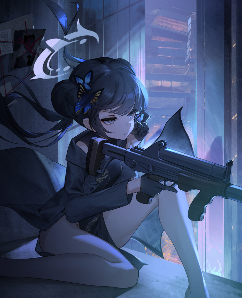 1girl black_dress black_hair blue_archive breasts butterfly_hair_ornament china_dress chinese_clothes cityscape closed_mouth commentary cs/ls06 double_bun dragon_print dress expressionless grey_eyes grey_jacket gun hair_bun hair_ornament halo highres holding holding_gun holding_weapon jacket kisaki_(blue_archive) long_hair night on_one_knee open_clothes open_jacket outdoors pelvic_curtain pinstripe_jacket pinstripe_pattern reeh_(yukuri130) sleeveless sleeveless_dress small_breasts solo thighs trigger_discipline twintails weapon