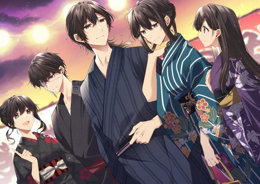 2boys 3girls :d absurdres aki_itoguchi arm_at_side asa_no_ha_(pattern) bag black_kimono blue_kimono brown_eyes brown_hair character_request closed_mouth cloud cloud_print collarbone commentary_request copyright_request curled_fingers curly_hair dark_clouds double-parted_bangs dusk dutch_angle earrings eyepatch festival floral_print_kimono food_stand from_side gradient_sky hair_between_eyes hair_bun hair_ornament hair_rings hand_on_own_chest hand_up handbag height_difference highres holding holding_bag holding_sash index_finger_raised japanese_clothes jewelry kanzashi kimono lace-trimmed_kimono lace_trim light_particles long_bangs long_hair looking_at_another looking_to_the_side looking_up medical_eyepatch medium_hair multiple_boys multiple_girls obi obiage obijime open_mouth orange_sky outdoors parted_lips print_kimono profile purple_kimono purple_sky sash shirt short_hair sidelocks sideways_mouth sky smile standing straight_hair string_of_light_bulbs striped_clothes striped_kimono striped_sash turning_head white_shirt yukata