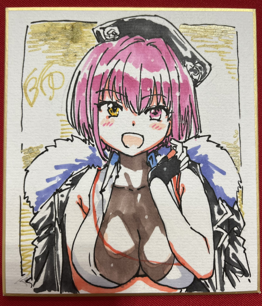 black_gloves breast_hold breasts cleavage commentary_request fingerless_gloves fur-trimmed_jacket fur_trim gloves hat heterochromia highres hololive houshou_marine jacket jacket_on_shoulders large_breasts marker_(medium) medium_hair open_mouth photo_(medium) red_eyes red_hair see-through see-through_cleavage shiwasu_no_okina signature smile traditional_media underwear virtual_youtuber yellow_eyes