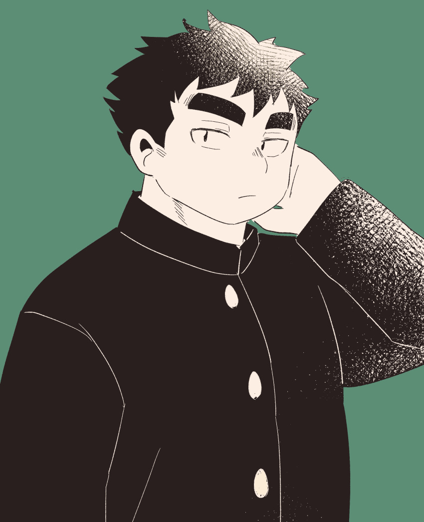 1boy :/ absurdres bara gakuran greyscale_with_colored_background half-closed_eyes hand_on_own_cheek hand_on_own_face highres huge_eyebrows looking_at_viewer male_focus plump protagonist_5_(housamo) sanpaku school_uniform short_hair solo suna_sand1 tokyo_afterschool_summoners tsurime upper_body