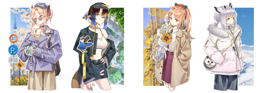 4girls absurdres arknights arm_at_side awakeningdog bag beret birch_tree black_choker black_jacket black_pants black_skirt blue_hair blue_sky bouquet branch brown_coat brown_eyes brown_hair camera choker closed_eyes coat collared_shirt cropped_legs down_jacket eunectes_(arknights) facing_ahead flower fur-trimmed_jacket fur_trim gitano_(arknights) gradient_hair grey_hat grey_skirt hand_on_own_hip handbag hat high-waist_skirt high_priest_(arknights) highres holding holding_bouquet holding_camera jacket legs_apart legs_together light_brown_hair lily_pad long_sleeves looking_ahead looking_at_viewer miniskirt mole mole_under_eye multicolored_hair multiple_girls necktie off_shoulder open_clothes open_coat orange_eyes outline own_hands_together pants parted_bangs pencil_skirt pinecone_(arknights) plaid plaid_skirt pleated_skirt pointy_ears polaroid_camera ponytail ptilopsis_(arknights) purple-tinted_eyewear purple_jacket red_necktie red_skirt road_sign round_eyewear school_uniform seasons shirt shirt_tucked_in short_ponytail sidelocks sign simple_bird skirt sky snow sports_bra sunflower sunglasses tinted_eyewear tree white_hair white_outline white_shirt white_sports_bra