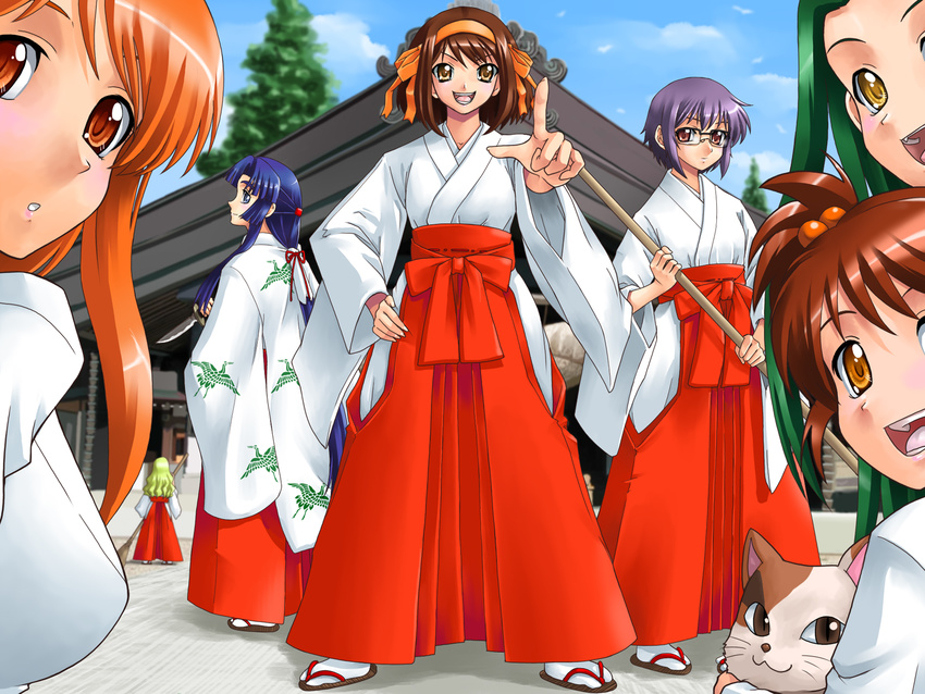 asahina_mikuru asakura_ryouko bird cat chihaya_(clothing) crane_(animal) glasses hakama highres japanese_clothes kyon_no_imouto miko multiple_girls nagato_yuki red_hakama suzumiya_haruhi suzumiya_haruhi_no_yuuutsu tsuruya yaso_shigeru