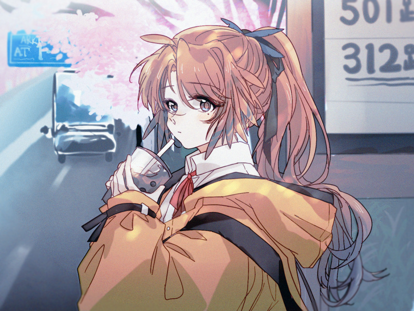 1girl :| arknights backpack bag black_eyes black_ribbon blurry blush brown_hair bubble_tea cherry_blossoms closed_mouth collared_shirt day depth_of_field drink drinking_straw expressionless from_side hair_ribbon hansuitianer highres holding holding_drink hood hood_down hooded_jacket jacket long_hair long_sleeves looking_at_viewer mole mole_under_eye motor_vehicle neck_ribbon outdoors pinecone_(arknights) ponytail red_ribbon ribbon road shirt sideways_glance sign sleeves_past_wrists solo street truck upper_body white_shirt yellow_jacket