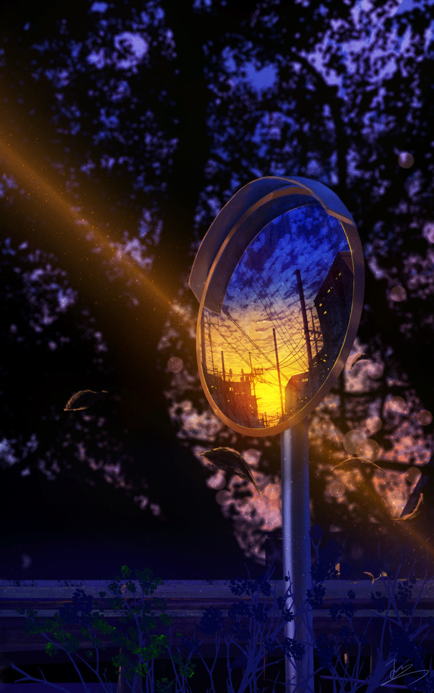 absurdres building cloud cloudy_sky evening guard_rail highres light_particles light_rays nature night night_sky no_humans original outdoors plant power_lines reflection scenery signature sky skyrick9413 still_life sunset traffic_mirror tree utility_pole