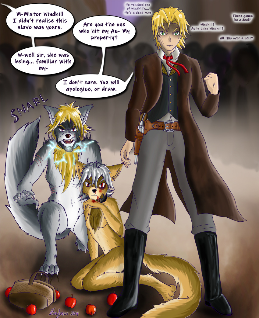 absurd_res anthro azee azee_links blonde_hair breasts brown_body brown_fur canid canine canis chara_(links) chest_tuft collar colored coyote duel farfener female fur green_eyes grey_body grey_fur hair hi_res human kemono_friends links luke luke_(links) luke_windhill magic male mammal predators red_eyes rune shiyan slave slaver slim small_waist tall text the-farfener the_auroran_archives the_farfener theauroranarchive tuft weapon white_hair wolf