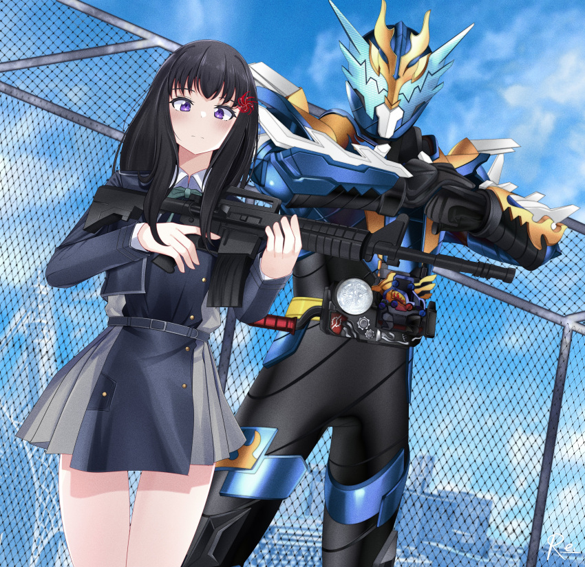 1boy 1girl absurdres aqua_ribbon armor assault_rifle belt black_hair black_socks blue_armor blue_belt blue_dress blue_eyes blue_sky bodysuit breasts brown_footwear build_driver chain-link_fence clenched_hand closed_mouth collared_shirt dragon dress fence fire flame_print full_body gloves glowing glowing_eyes grey_dress gun highres inoue_takina kamen_rider_cross-z kneehighs loafers long_hair long_sleeves looking_at_viewer lycoris_recoil lycoris_uniform neck_ribbon pleated_dress purple_eyes reiei_8 ribbon rider_belt rifle science_fiction shirt shoes shoulder_armor simple_background sky small_breasts socks solo standing tachi-e tokusatsu two-tone_dress weapon white_shirt