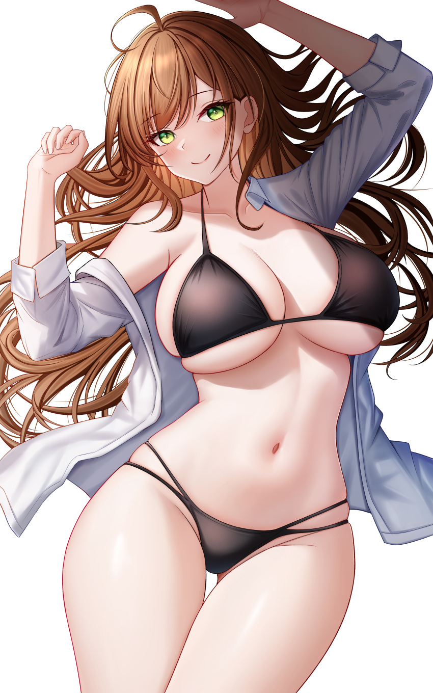 1girl absurdres bikini black_bikini breasts brown_hair chinese_commentary cleavage collared_shirt commentary_request cowboy_shot dress_shirt green_eyes highres huanyi_huanhuanzi large_breasts long_hair multi-strapped_bikini_bottom navel open_clothes open_shirt original shirt simple_background solo swimsuit thigh_gap white_background white_shirt