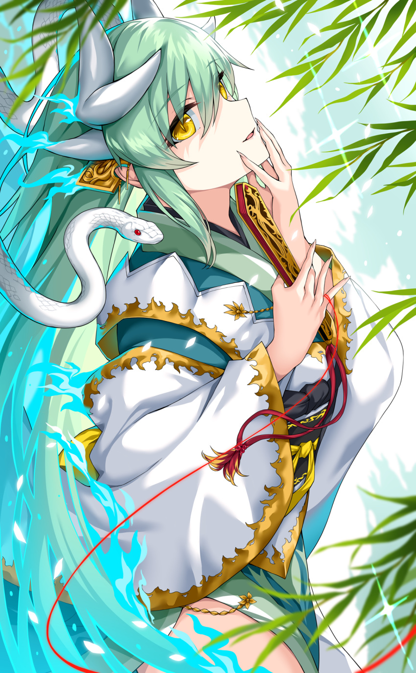 1girl aqua_hair dragon_girl dragon_horns fate/grand_order fate_(series) folded_fan folding_fan hair_between_eyes hand_fan highres holding holding_fan horns japanese_clothes kimono kiyohime_(fate) long_hair lying morizono_shiki multiple_horns on_back snake solo very_long_hair white_snake wide_sleeves yellow_eyes