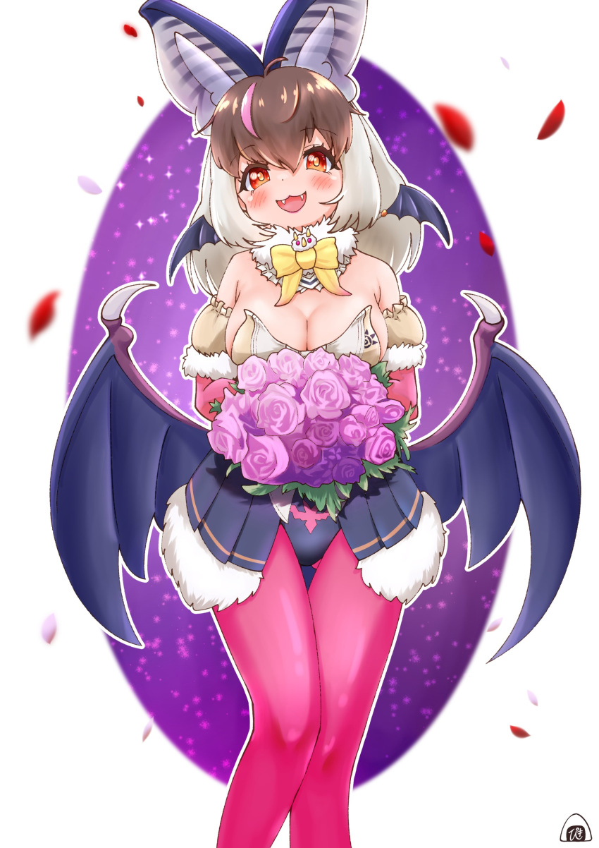 1girl absurdres animal_ears bat_ears bat_girl bat_wings brown_eyes brown_hair brown_long-eared_bat_(kemono_friends) elbow_gloves extra_ears flower gloves grey_hair highres kemono_friends kemono_friends_v_project leotard long_hair looking_at_viewer microphone pantyhose piki_(zuru-pikio) purple_background simple_background skirt solo virtual_youtuber wings