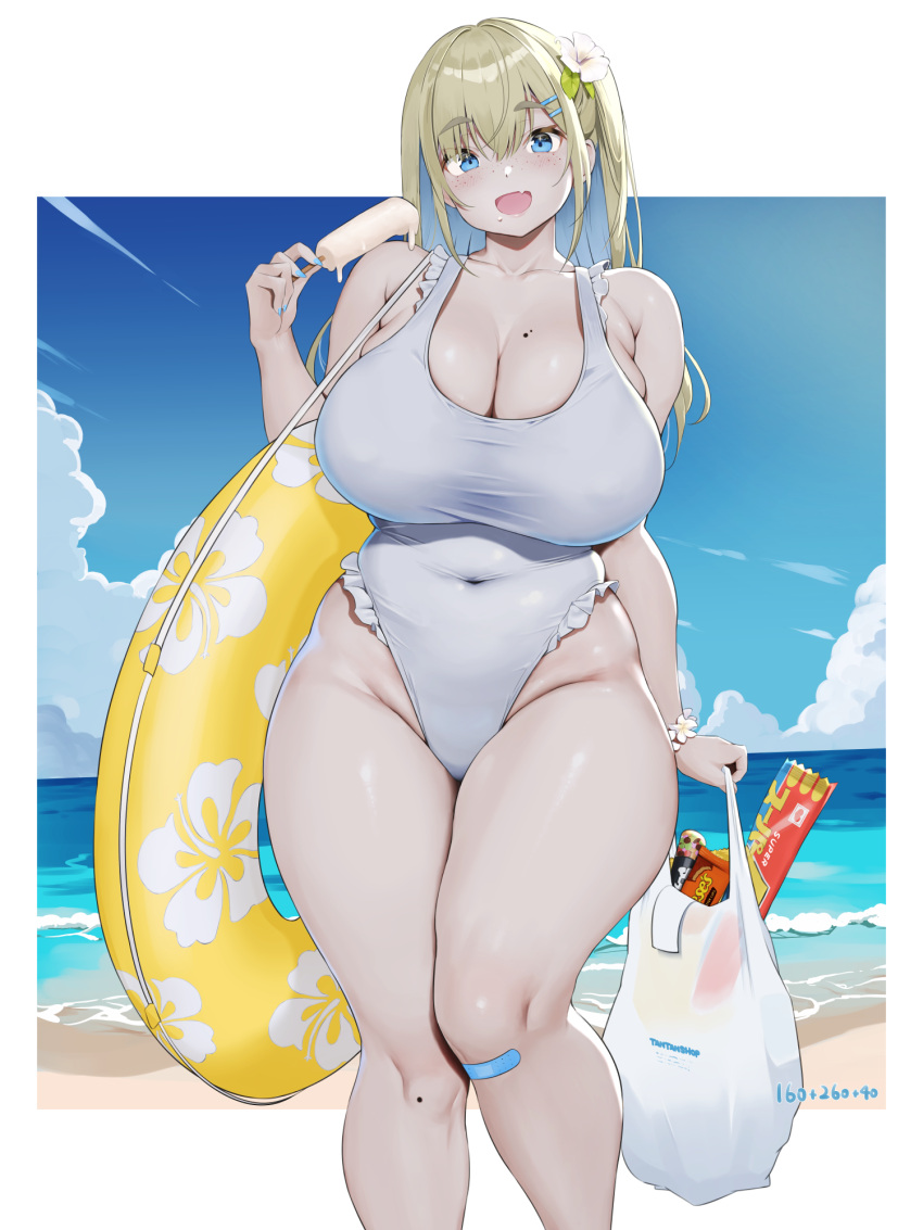 1girl aymusk bag bandaid bandaid_on_knee bandaid_on_leg beach blonde_hair blue_hair blue_sky breasts cleavage cloud collarbone colored_inner_hair commentary_request covered_navel day flower food freckles freckles-chan_(aymusk) frilled_one-piece_swimsuit frills hair_flower hair_ornament hairclip highres holding holding_bag holding_food holding_popsicle horizon innertube large_breasts long_hair looking_at_viewer mole mole_on_breast multicolored_hair ocean one-piece_swimsuit open_mouth original outdoors plastic_bag plump popsicle sidelocks sky smile solo standing swim_ring swimsuit two-tone_hair white_flower white_one-piece_swimsuit wide_hips