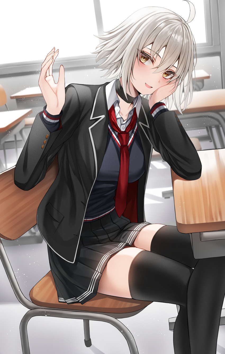 1girl absurdres ahoge blush breasts chair desk fate/grand_order fate_(series) grey_hair highres jeanne_d'arc_alter_(avenger)_(fate) jeanne_d'arc_alter_(fate) large_breasts long_sleeves looking_at_viewer nano_(syoutamho) open_mouth school_desk school_uniform short_hair skirt smile solo yellow_eyes