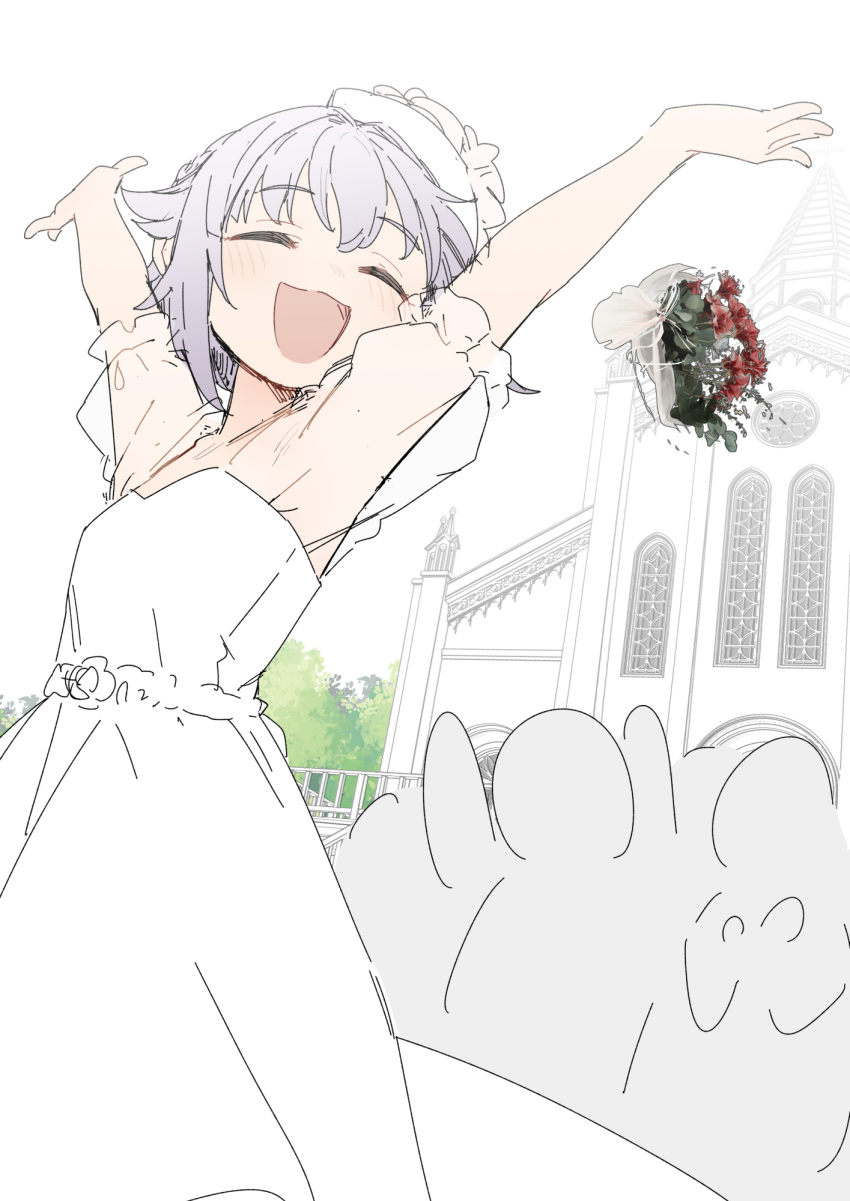 1girl \o/ arms_up beret blush bouquet bouquet_toss breasts church cleavage closed_eyes commentary dress facing_to_the_side facing_viewer frilled_sleeves frills hat highres idolmaster idolmaster_cinderella_girls koshimizu_sachiko open_hands open_mouth outdoors outstretched_arms outstretched_hand purple_hair railing see-through see-through_cleavage see-through_sleeves short_hair short_sleeves smile solo_focus tree turning_head white_dress white_hat window yukie_(kusaka_shi)