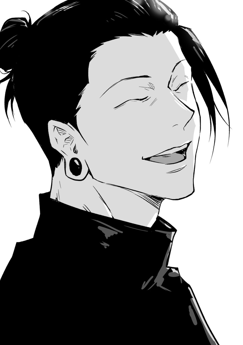 1boy black_jacket closed_eyes gakuran getou_suguru greyscale hair_bun happy high_collar highres jacket jujutsu_kaisen loose_hair_strand male_focus monochrome nejmai2 open_mouth portrait school_uniform simple_background single_hair_bun smile solo teeth tongue white_background