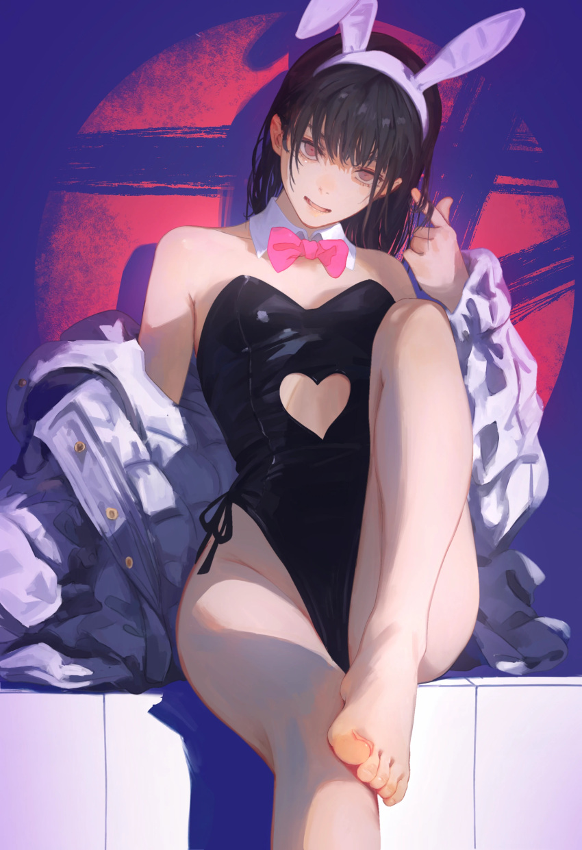 1girl absurdres animal_ears bare_legs barefoot black_hair bow bowtie chainsaw_man clothing_cutout detached_collar fake_animal_ears feet heart_cutout highres jacket knee_up mitaka_asa open_clothes open_jacket open_mouth pink_bow pink_bowtie pink_eyes playboy_bunny playing_with_own_hair rabbit_ears sitting solo white_jacket yao_liao_wang