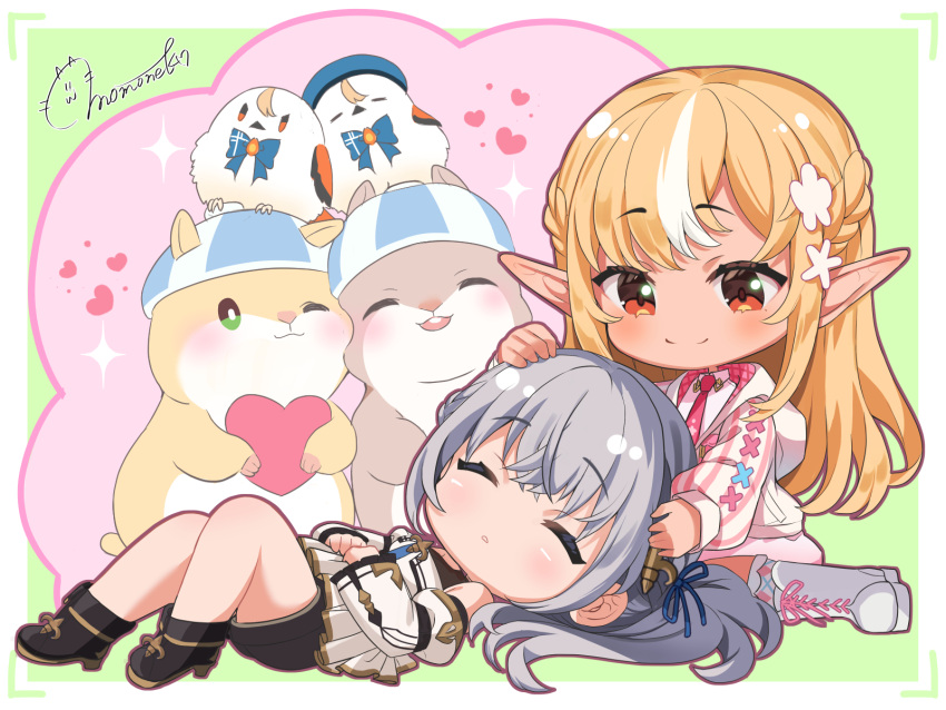 2girls bird blonde_hair chibi dan'in-san_(shirogane_noel) dreaming elfriend_(shiranui_flare) green_background grey_hair hamster heart highres hololive jacket long_hair momone_cco multiple_girls orange_eyes pink_jacket pointy_ears shiranui_flare shiranui_flare_(4th_costume) shirogane_noel shirogane_noel_(casual) signature sleeping smile virtual_youtuber