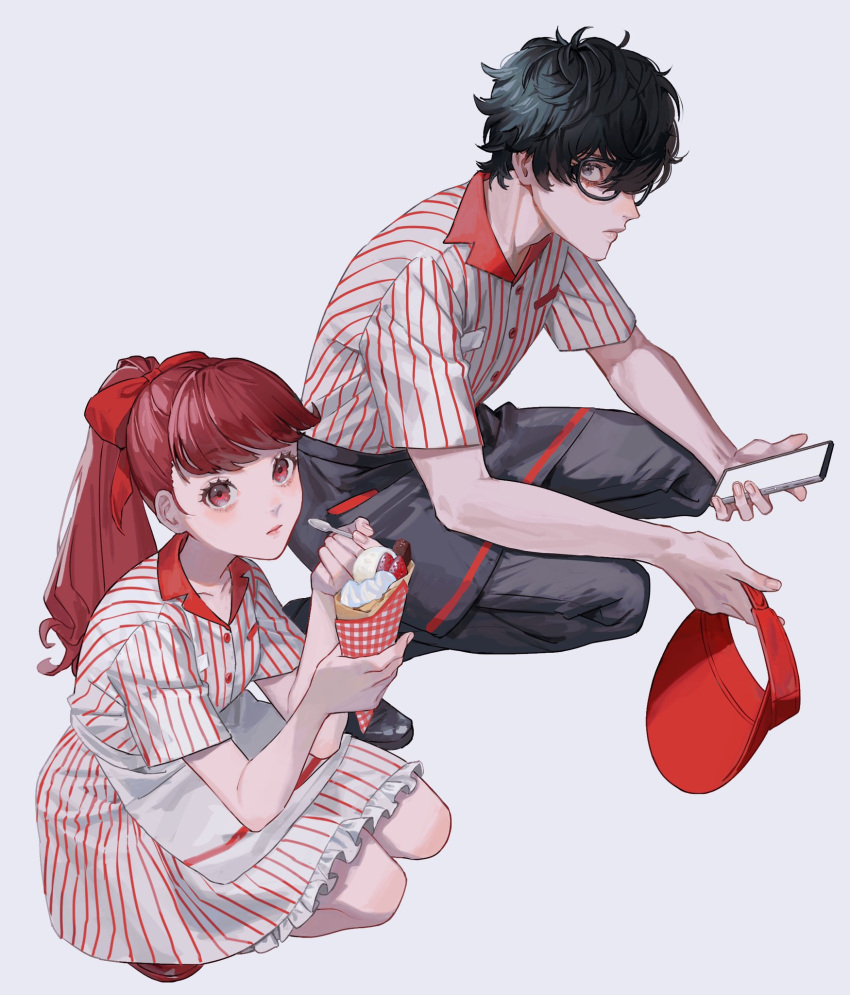 1boy 1girl alternate_costume amamiya_ren apron black-framed_eyewear black_apron black_eyes black_hair black_pants closed_mouth food glasses hair_ribbon highres holding holding_food holding_spoon long_hair looking_at_viewer pants persona persona_5 persona_5_the_royal ponytail profile red_eyes red_hair red_ribbon ribbon sageo_yn short_hair short_sleeves simple_background spoon squatting waist_apron white_apron white_background yoshizawa_kasumi