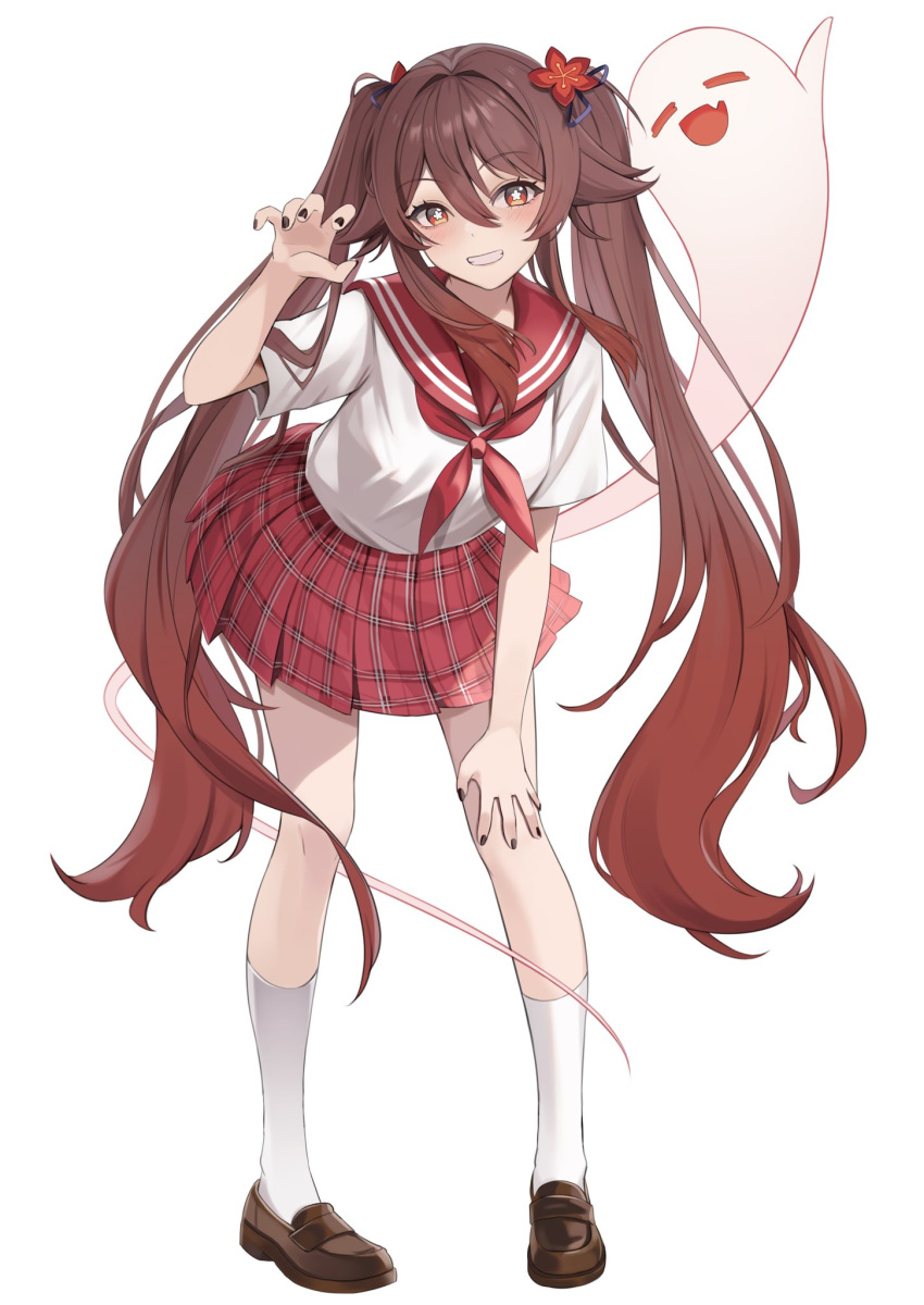 1girl black_nails boo_tao_(genshin_impact) brown_footwear brown_hair flower-shaped_pupils full_body genshin_impact hair_between_eyes highres hu_tao_(genshin_impact) long_hair looking_at_viewer neckerchief red_eyes red_neckerchief red_skirt school_uniform serafuku shoes skirt smile socks symbol-shaped_pupils teeth twintails very_long_hair white_serafuku white_socks yutoriko_(candy0905)