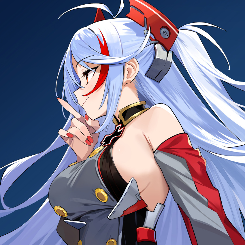 1girl antenna_hair azur_lane bare_shoulders blue_background breasts closed_mouth cross detached_sleeves from_below grey_hair hair_between_eyes hand_up highres iron_cross large_breasts long_hair looking_ahead multicolored_hair prinz_eugen_(azur_lane) profile red_hair red_nails sideboob simple_background sleeveless smile solo streaked_hair two_side_up uniform upper_body very_long_hair white_hair xiaoxiao_de_kuangsan