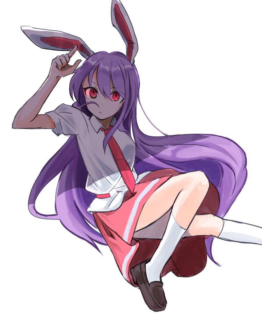 1girl animal_ears brown_footwear collared_shirt floating highres index_finger_raised long_hair looking_at_viewer necktie pink_necktie purple_hair rabbit_ears red_eyes reisen_udongein_inaba shiozuke shirt socks solo touhou very_long_hair white_background white_shirt white_socks