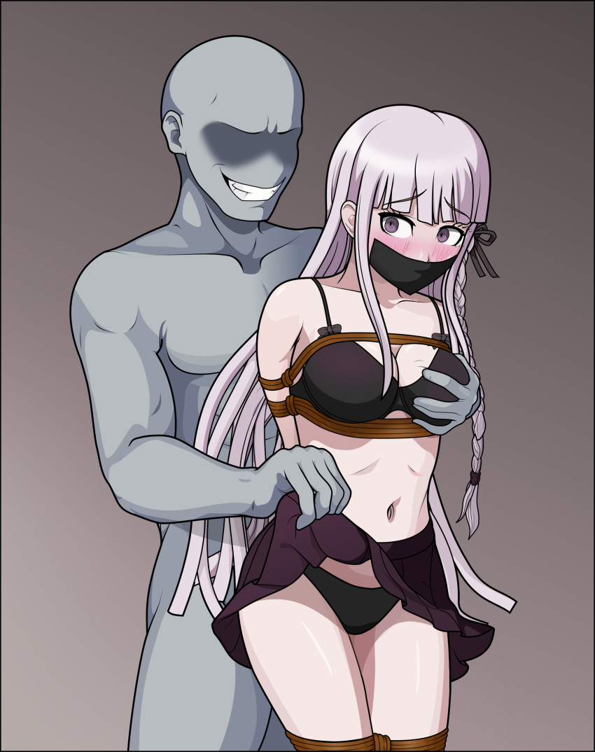 1girl absurdres arms_behind_back bdsm black_bra black_ribbon black_skirt bondage bound bra braid breasts clothes_lift cowboy_shot danganronpa:_trigger_happy_havoc danganronpa_(series) english_commentary faceless faceless_male gag grey_hair grin hair_ribbon highres just_some_guy kirigiri_kyoko large_breasts lifting_another's_clothes miniskirt navel pleated_skirt purple_eyes rape restrained ribbon rope shibari side_braid skirt skirt_lift smile standing teeth underwear