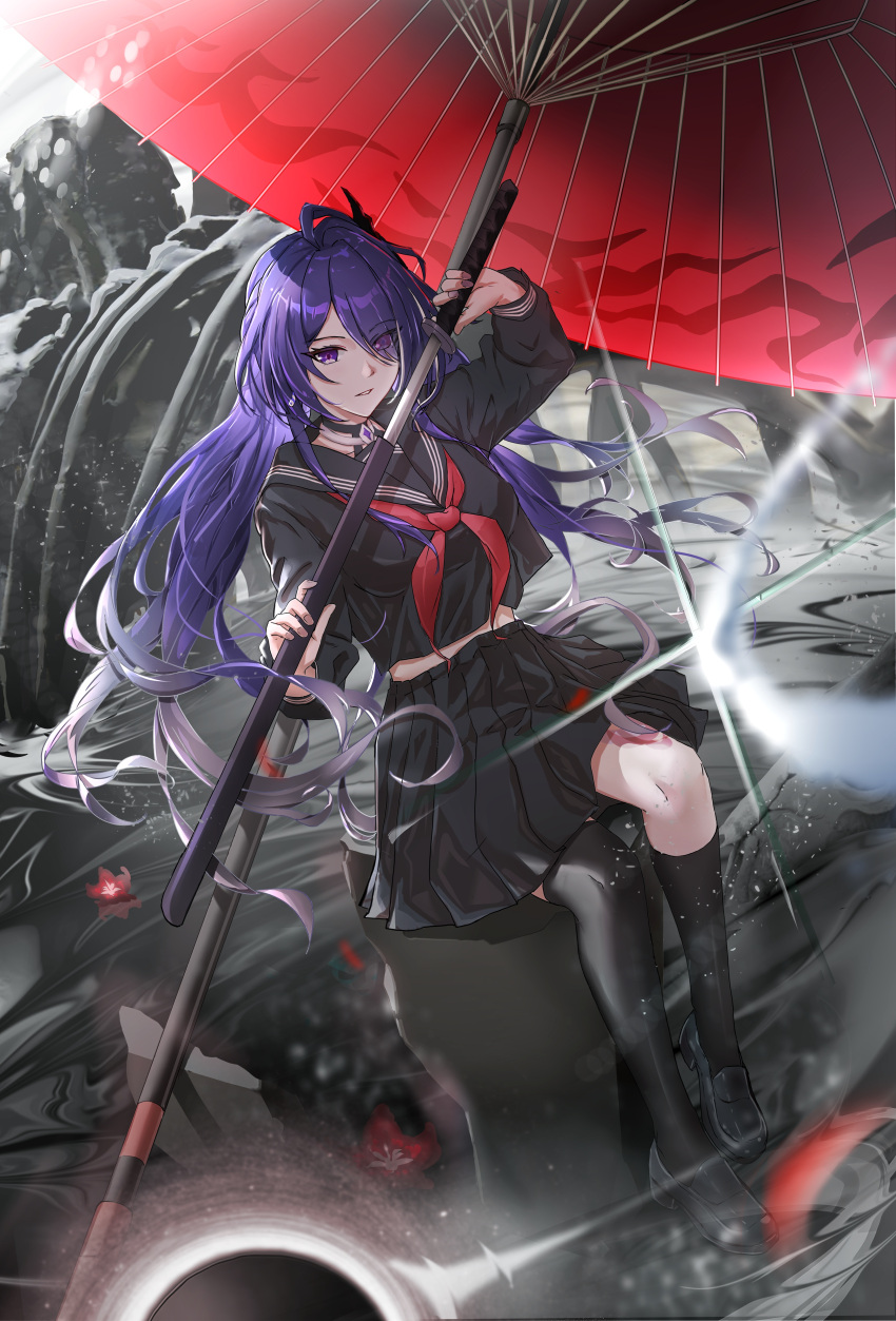 1girl absurdres acheron_(honkai:_star_rail) alternate_costume asymmetrical_legwear black_footwear black_hole black_serafuku flower gradient_hair hair_over_one_eye highres holding holding_sword holding_weapon honkai:_star_rail honkai_(series) loafers long_hair long_sleeves multicolored_hair oil-paper_umbrella purple_eyes purple_hair red_flower red_umbrella sailor_collar school_uniform serafuku sheath shoes sitting solo streaked_hair sword umbrella unsheathing wangzili_shitoumen weapon