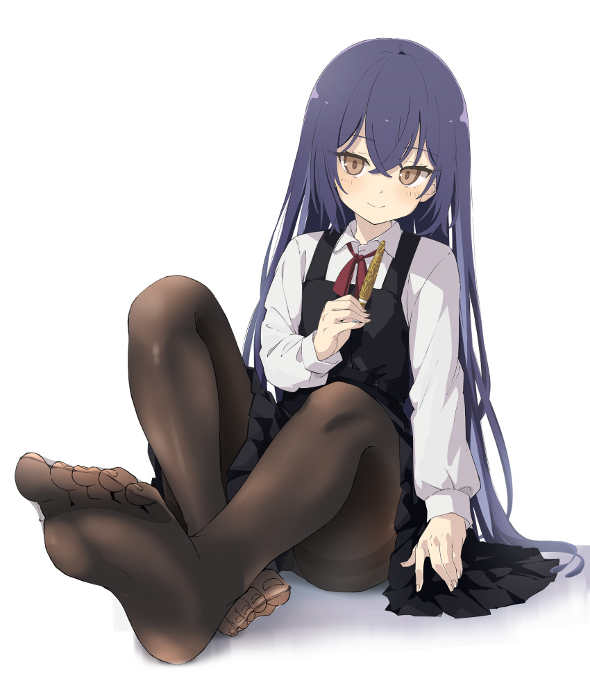1girl absurdres arm_at_side ass black_dress blush brown_eyes brown_pantyhose closed_mouth collared_shirt commentary_request commission crossed_bangs crossed_legs double-parted_bangs dress feet fingernails hair_between_eyes hand_up highres holding holding_pen knees_up kohinata_kuon long_bangs long_hair long_sleeves looking_at_viewer neck_ribbon nib_pen_(object) on_floor original pantyhose pen pinafore_dress pixiv_commission pleated_dress purple_hair rauto red_ribbon ribbon shirt sitting sleeveless sleeveless_dress smile solo straight_hair toenails very_long_hair white_background white_shirt