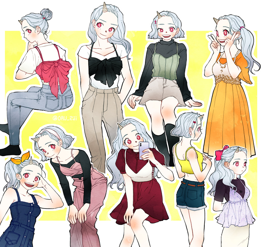 absurdres aged_up arms_behind_back belt black_shirt black_socks boku_no_hero_academia border bow brown_belt cellphone closed_mouth collarbone denim denim_shorts double_v dress eri_(boku_no_hero_academia) grey_hair grey_pants grey_skirt hair_bun hairband hand_in_pocket hands_on_own_knees highres holding holding_phone long_hair long_sleeves looking_at_phone looking_back midriff multiple_views orange_dress oru_2ji overalls pants phone pink_bow red_dress red_eyes shirt shorts side_ponytail sitting skirt smartphone smile socks v white_border white_shirt yellow_shirt