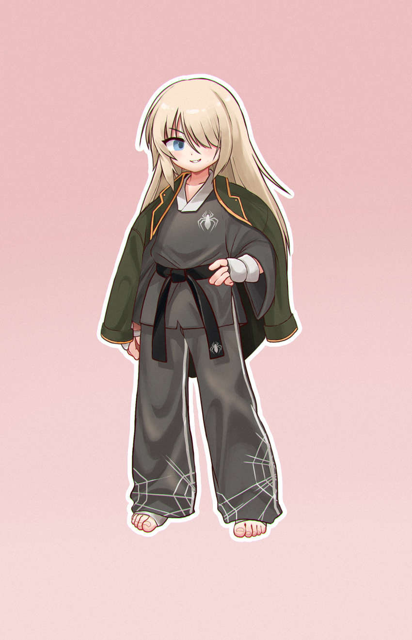 1girl absurdres barefoot belt black_belt black_pants blonde_hair blue_eyes brown_background chinese_commentary commentary_request dougi full_body hair_over_one_eye highres jacket jacket_on_shoulders kuma-bound long_hair martial_arts_belt original pants print_pants simple_background smile solo spider_web_print standing teeth toes