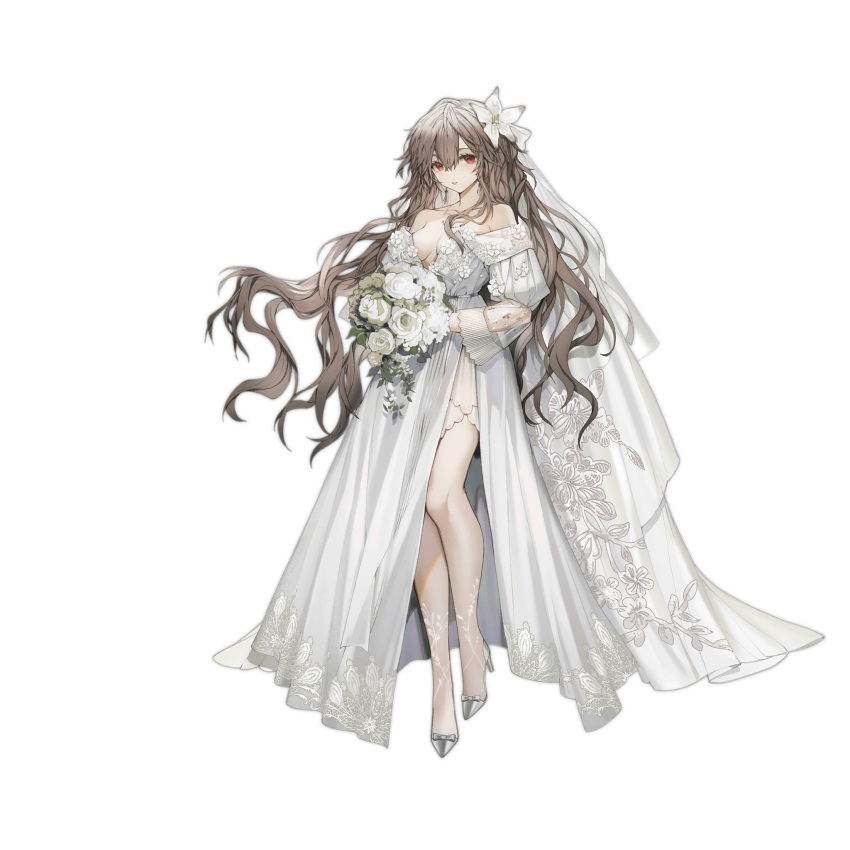 1girl bouquet breasts bridal_veil brown_hair cleavage closed_mouth collarbone dress flower full_body girls'_frontline grey_footwear hair_between_eyes hair_flower hair_ornament high_heels highres holding holding_bouquet long_hair looking_at_viewer medium_breasts mole mole_under_eye off-shoulder_dress off_shoulder official_alternate_costume official_art red_eyes simple_background solo sp9_(drifting_snow)_(girls'_frontline) sp9_(girls'_frontline) standing strapless strapless_dress third-party_source transparent_background veil very_long_hair wedding_dress white_dress white_flower youamo