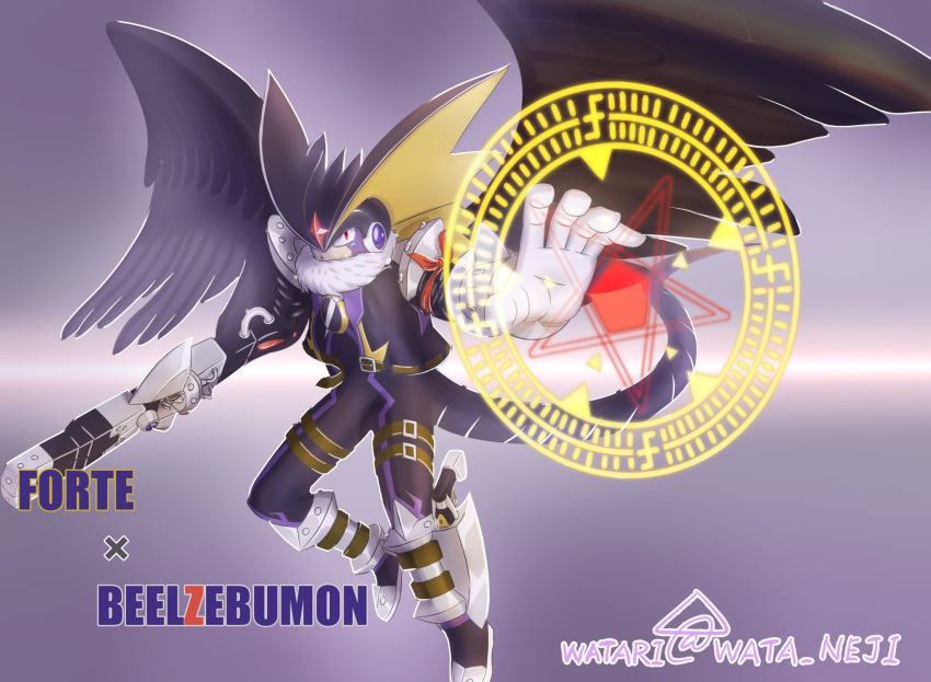 1boy arm_cannon artist_name bandana bandana_around_arm bass.exe_(mega_man) beelzebumon_blast_mode beelzebumon_blast_mode_(cosplay) black_bodysuit black_helmet black_jacket black_tail black_wings bodysuit character_name cosplay cropped_jacket digimon facial_mark feathered_wings forehead_jewel fur_trim gun helmet highres jacket mega_man_(series) mega_man_battle_network_(series) outstretched_arm pentagram red_bandana red_eyes solo twitter_username wata_neji weapon wings