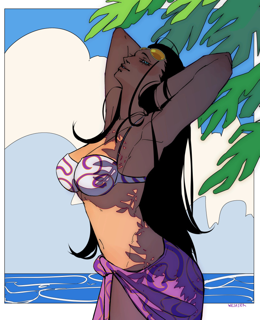 1girl absurdres arms_up artist_name bikini black_hair breasts cloud cowboy_shot eyewear_on_head hands_in_own_hair highres long_hair looking_at_viewer nico_robin ocean one_piece orange-tinted_eyewear palm_tree sarong sidelocks sky solo swimsuit tinted_eyewear tree wesaier