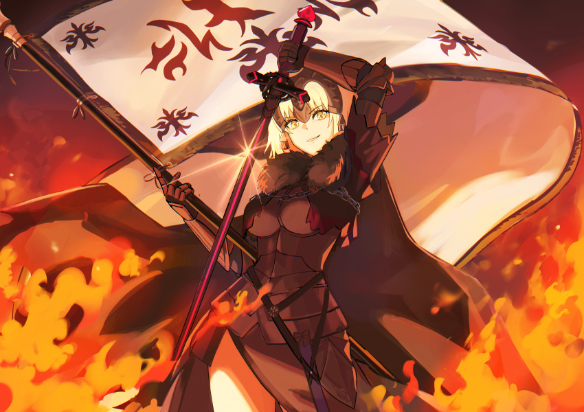 1girl absurdres armor armored_dress black_dress bomberca309 breasts chain collar dress fate/grand_order fate_(series) faulds fire flag gauntlets grey_hair grin headpiece highres jeanne_d'arc_alter_(avenger)_(fate) jeanne_d'arc_alter_(fate) large_breasts looking_at_viewer metal_collar plackart polearm short_hair smile solo sword thighs weapon yellow_eyes