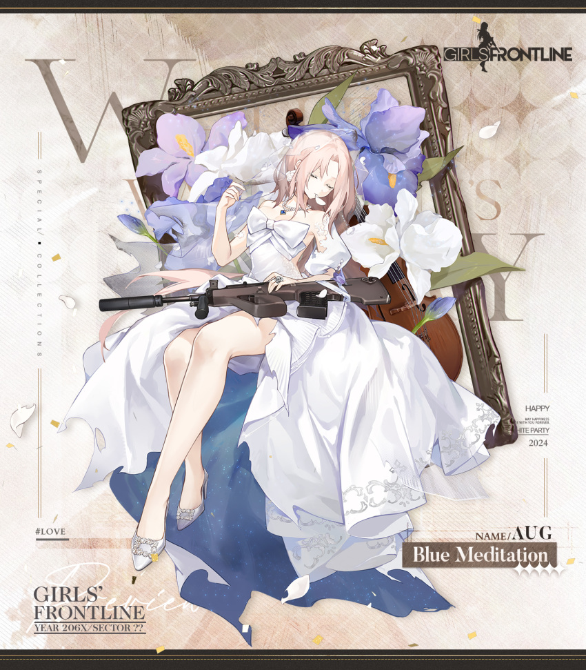 1girl 2024 assault_rifle aug_(blue_meditation)_(girls'_frontline) aug_(girls'_frontline) bare_legs blue_gemstone breasts bridal_veil bullpup cello character_name closed_eyes commentary copyright_name dress english_commentary english_text flower flower_request full_body gem girls'_frontline gun high_heels highres instrument jewelry long_hair medium_breasts mole mole_under_eye necklace no_socks official_alternate_costume official_art parted_bangs pearl_necklace petal_in_mouth picture_frame puffy_short_sleeves puffy_sleeves rifle ring samail second-party_source short_sleeves simple_background sitting solo steyr_aug torn_clothes torn_dress two-sided_dress two-sided_fabric veil very_long_hair weapon wedding_dress white_day white_dress white_flower white_footwear white_hair
