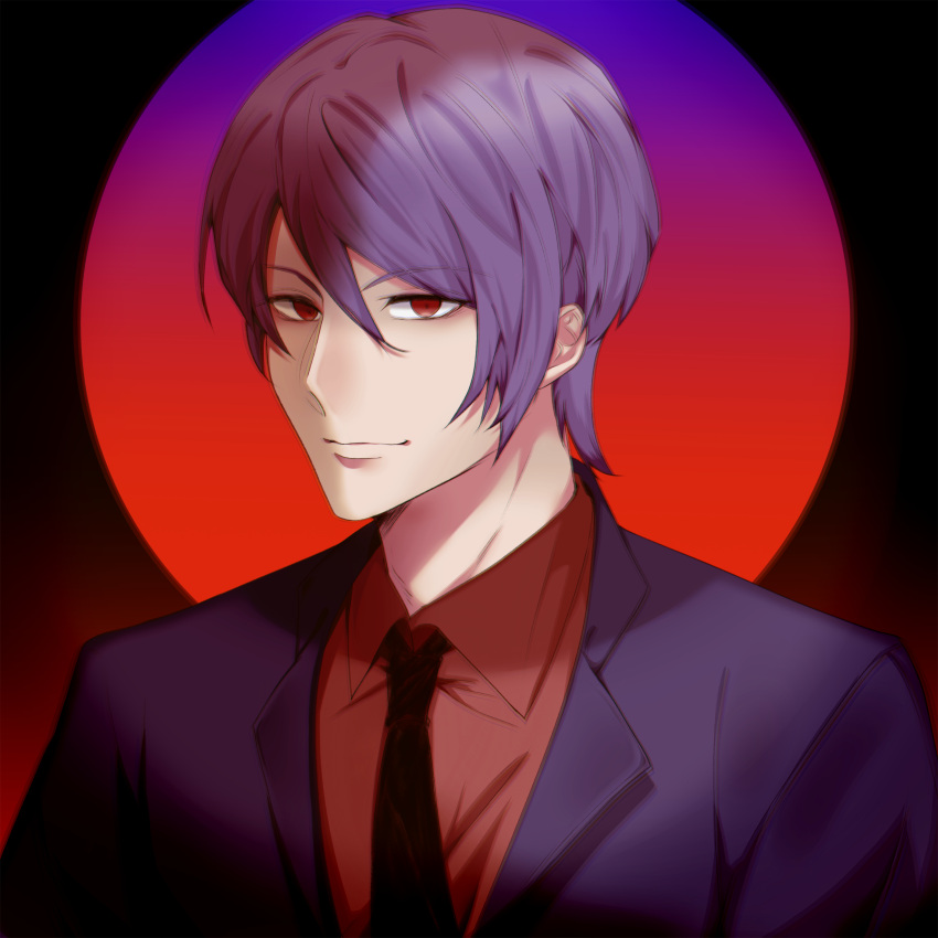 1boy absurdres black_background black_necktie closed_mouth collared_shirt hair_between_eyes highres jacket necktie open_clothes open_jacket purple_background qiao_mu red_background red_shirt shirt short_hair smile solo tokyo_ghoul tsukiyama_shuu