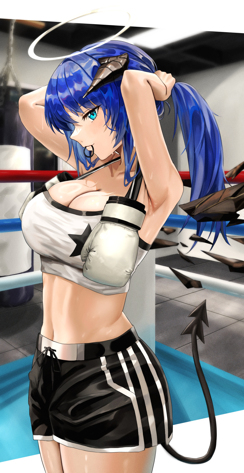 1girl absurdres arknights arms_up blue_eyes blue_hair breasts camisole cleavage commentary cowboy_shot crop_top hair_tie_in_mouth highres indoors large_breasts long_hair looking_at_viewer midriff mostima_(arknights) mouth_hold navel official_alternate_costume ponytail putcho smile solo spaghetti_strap standing stomach