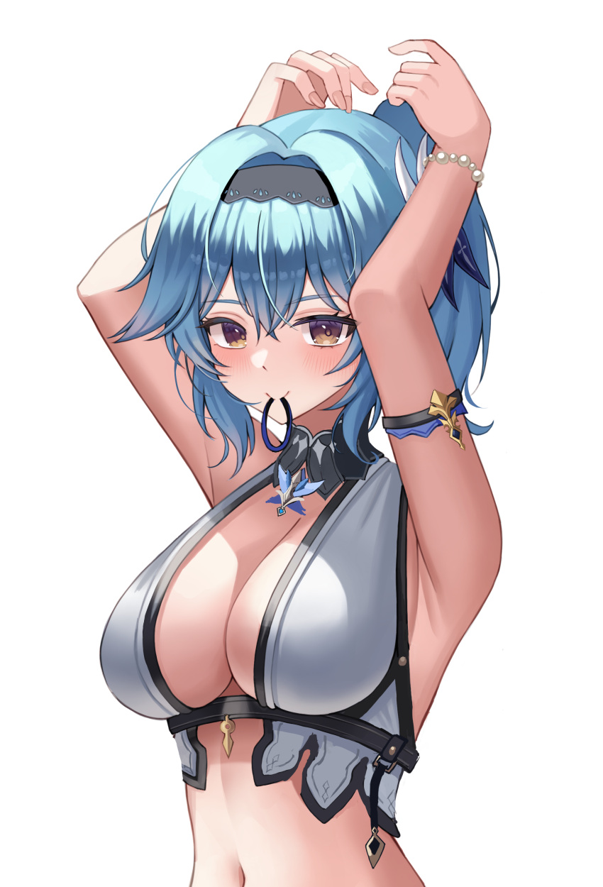 1girl absurdres adapted_costume alternate_hairstyle armband armpit_crease armpits arms_up bikini black_hairband blue_hair blush bracelet breasts brown_eyes closed_mouth eula_(genshin_impact) genshin_impact hair_between_eyes hair_ornament hair_tie_in_mouth hairband hands_up highres jewelry korean_commentary large_breasts looking_at_viewer medium_hair mouth_hold navel pearl_bracelet seemu_(wnslqjdignv_) sidelocks simple_background smile solo stomach swimsuit upper_body white_background white_bikini