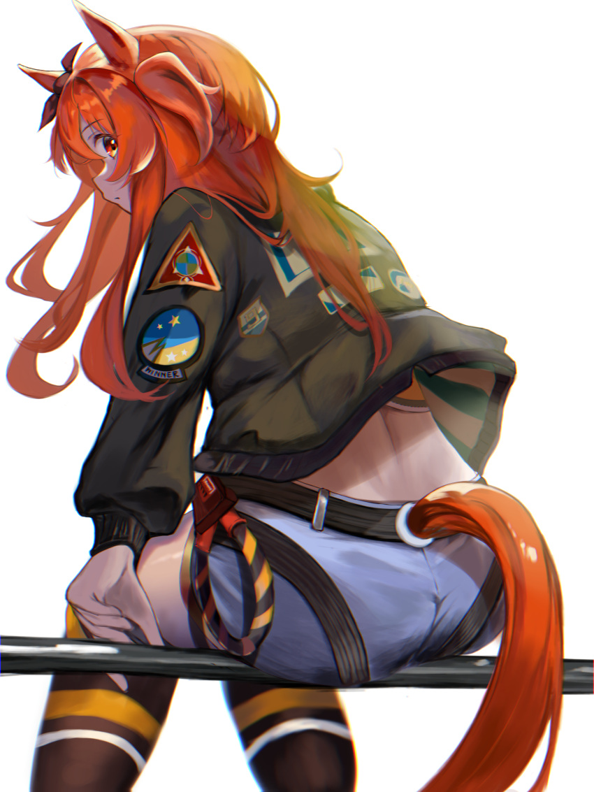 1girl absurdres against_railing animal_ears ass bare_shoulders black_ribbon blush commentary_request cowboy_shot ear_ribbon from_behind fur-trimmed_jacket fur_trim green_jacket hair_between_eyes highres horse_ears horse_girl horse_tail jacket long_hair long_sleeves looking_at_viewer looking_back mayano_top_gun_(umamusume) micro_shorts one_side_up open_clothes open_jacket orange_eyes orange_hair railing ribbon shirt shorts simple_background sitting solo tail tail_through_clothes umainu_2002 umamusume white_background white_shorts yellow_shirt