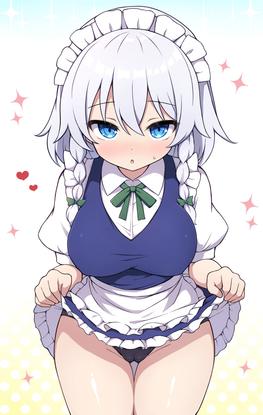 1girl :o blue_eyes blue_skirt blush braid breasts clothes_lift commentary_request grey_hair highres izayoi_sakuya large_breasts lifted_by_self looking_at_viewer maid maid_headdress rizento skirt skirt_lift solo thighs touhou twin_braids