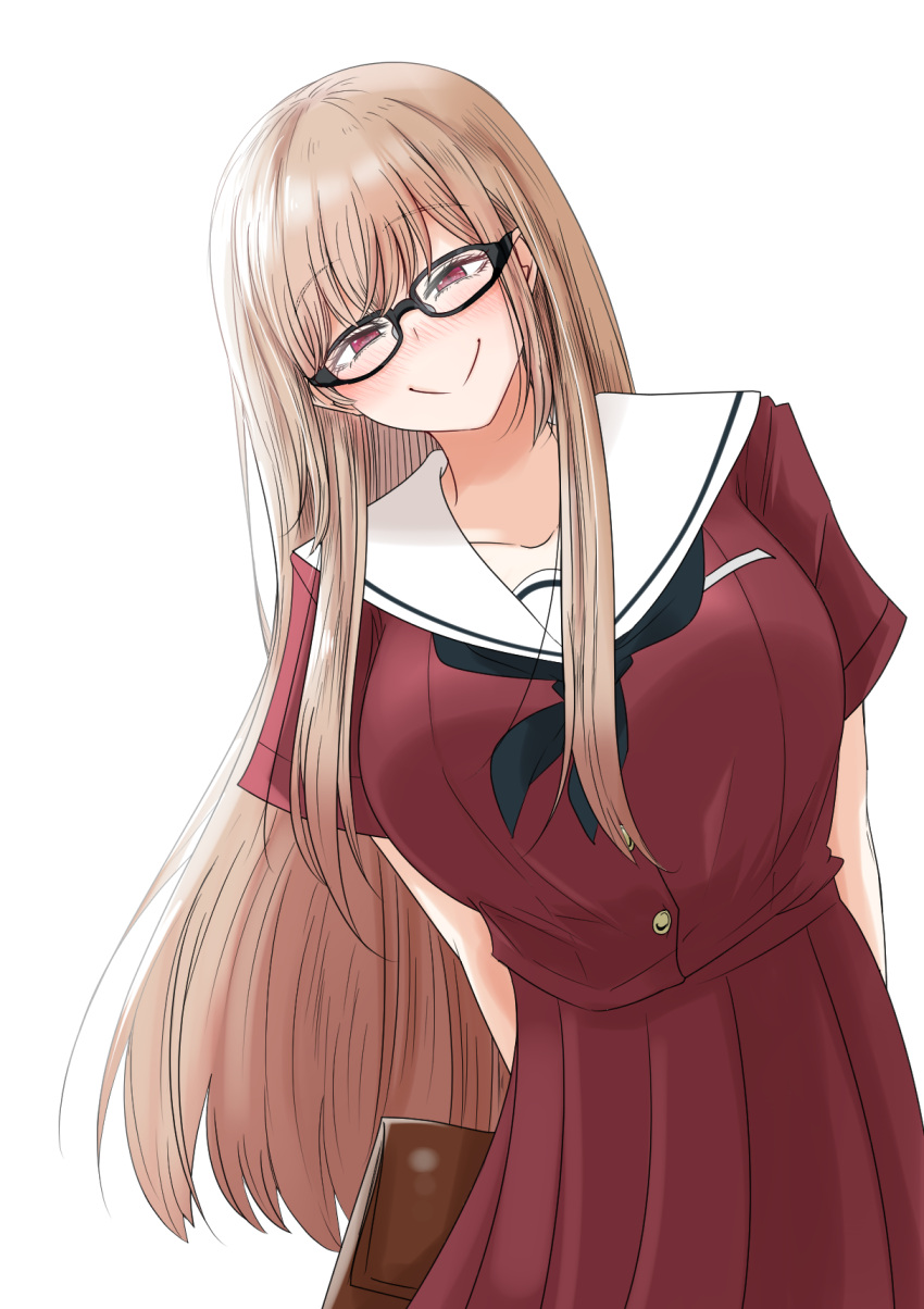 1girl bag black-framed_eyewear black_neckerchief blush breasts furen_e_lustario furen_e_lustario_(school_uniform) glasses half-closed_eyes highres large_breasts leaning_to_the_side long_hair looking_at_viewer neckerchief nijisanji official_alternate_hairstyle pleated_skirt red_eyes red_serafuku red_shirt red_skirt sailor_collar school_bag school_uniform sei_no_ji serafuku shirt short_sleeves simple_background skirt smile solo very_long_hair virtual_youtuber white_background white_sailor_collar