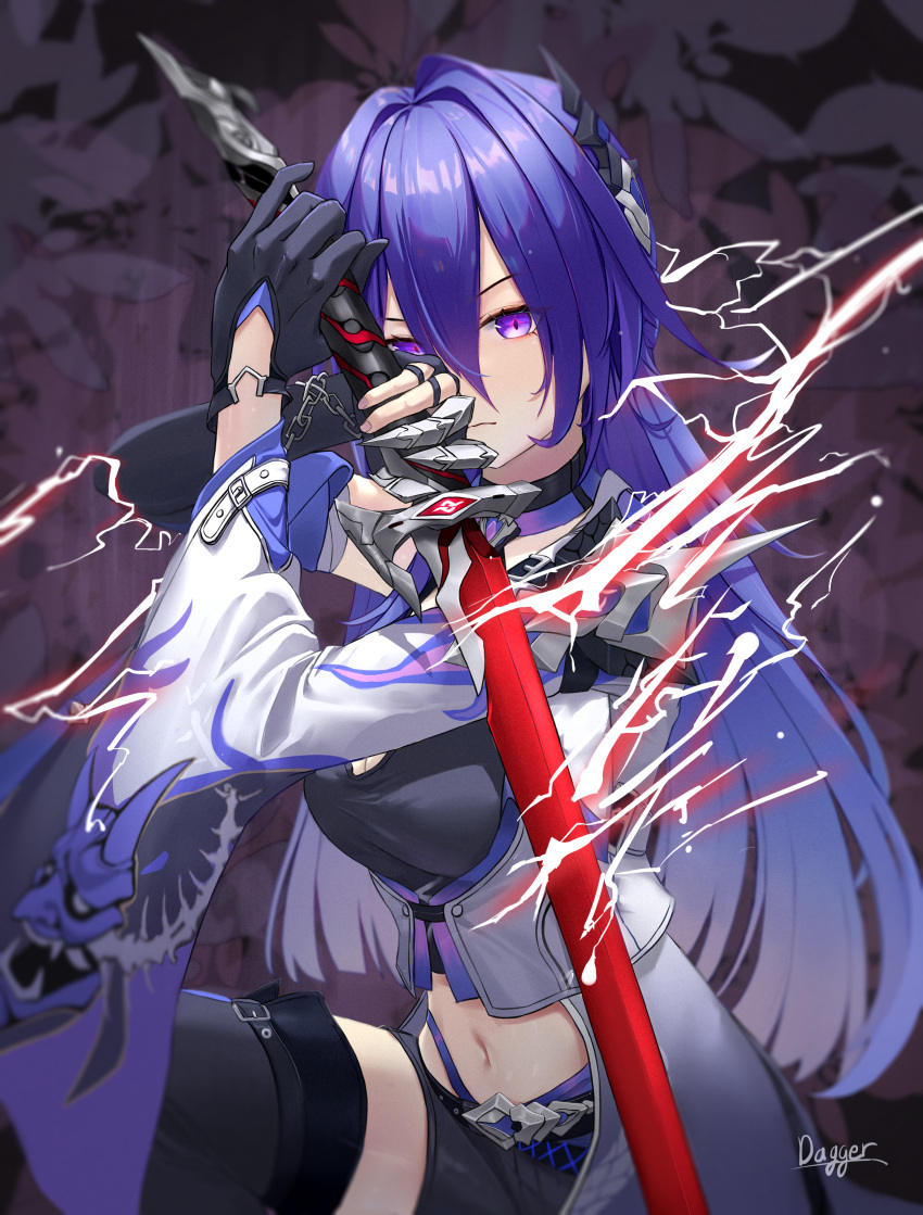 absurdres acheron_(honkai:_star_rail) armor belt black_belt black_choker black_gloves black_shorts breasts chain chain_around_arm choker coat electricity gloves hair_ornament highres holding holding_sword holding_weapon honkai:_star_rail honkai_(series) katana looking_at_viewer midriff navel on_one_knee purple_eyes purple_hair shorts shoulder_armor signature sword thighs weapon wgue8322 white_coat