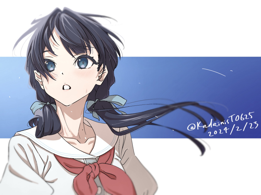 1girl black_hair blue_eyes blue_ribbon collarbone commentary_request dated dress floating_hair hair_ribbon hasu_no_sora_school_uniform highres kadainist link!_like!_love_live! long_hair looking_afar love_live! mole mole_on_neck murano_sayaka neckerchief red_neckerchief ribbon sailor_collar school_uniform sidelocks solo summer_uniform twintails twitter_username upper_body white_dress white_sailor_collar