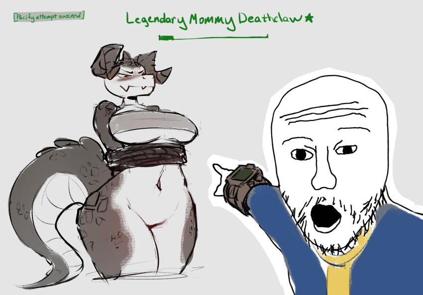 anthro arms_tied bandeau bdsm bethesda_softworks big_breasts bondage bound breasts clothing deathclaw duo facial_hair fallout female gameplay_mechanics gui health_bar hi_res horn human male mammal meme pip-boy reptile restraints rope rope_bondage scalie sketch soyjak text thick-tail thick_thighs topwear trashyy_noway two_soyjaks_pointing vault_dwellers_(fallout) wide_hips