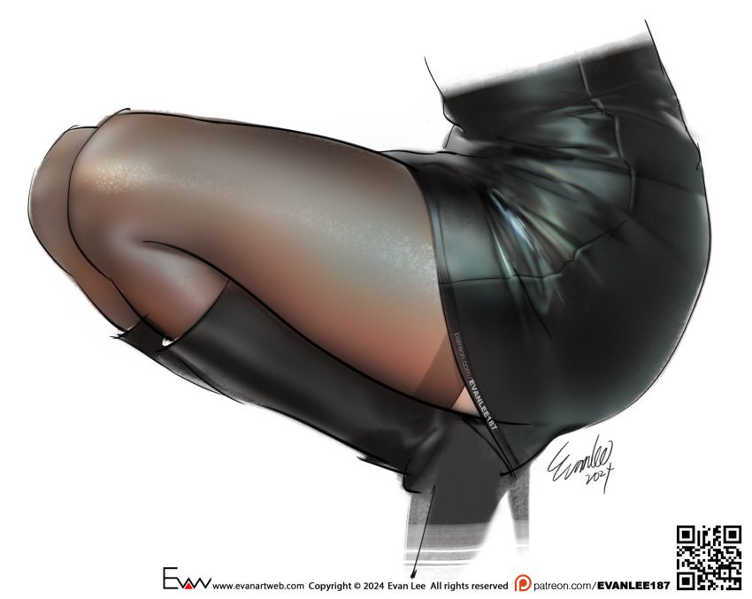 1girl artist_name black_footwear black_skirt black_thighhighs boots commentary dated english_commentary evan_lee high_heel_boots high_heels highres leather_skirt lower_body original pencil_skirt signature simple_background skirt solo squatting thigh_focus thighhighs thighs white_background