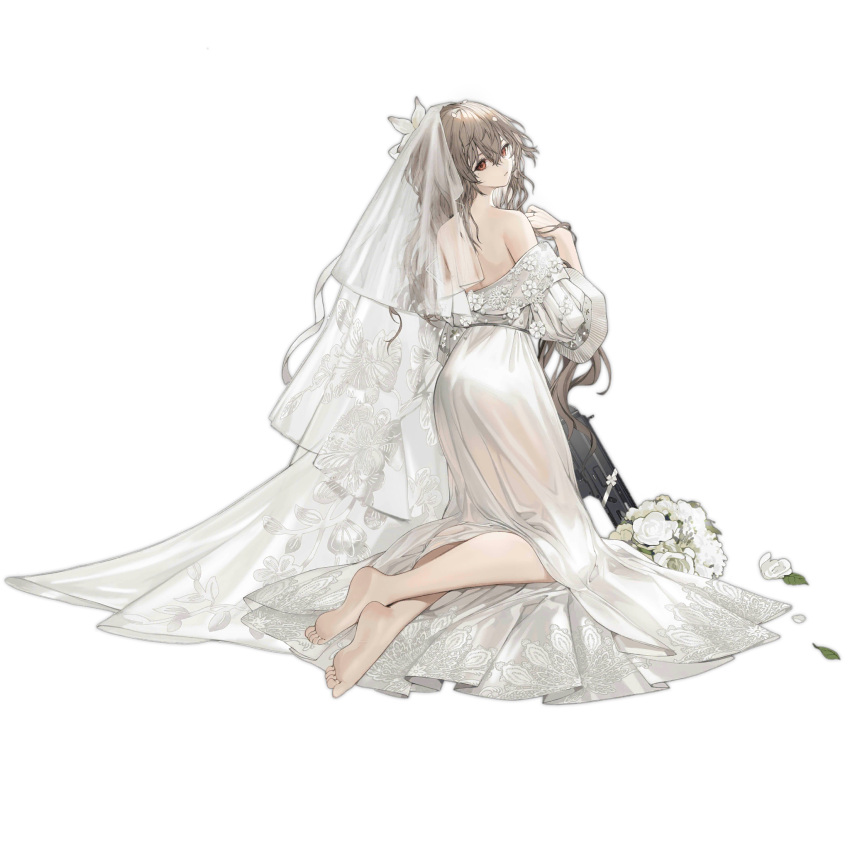 1girl ass back barefoot bouquet bridal_veil brown_hair closed_mouth crossed_ankles dress feet flower from_behind full_body girls'_frontline hair_between_eyes hair_flower hair_ornament highres kneeling long_hair looking_at_viewer looking_back mole mole_under_eye off-shoulder_dress off_shoulder official_alternate_costume official_art red_eyes simple_background soles solo sp9_(drifting_snow)_(girls'_frontline) sp9_(girls'_frontline) strapless strapless_dress stribog_sp9 third-party_source toes transparent_background veil very_long_hair wedding_dress white_dress white_flower youamo