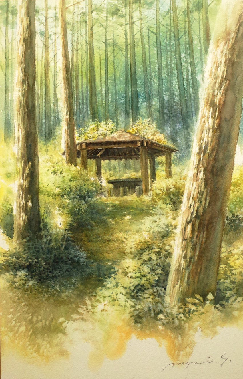 bush dappled_sunlight day grass highres no_humans original painting_(medium) plant scenery shadow shelter shimizu_megumi_(m_acquerello) sunlight table traditional_media tree tree_shade watercolor_(medium)