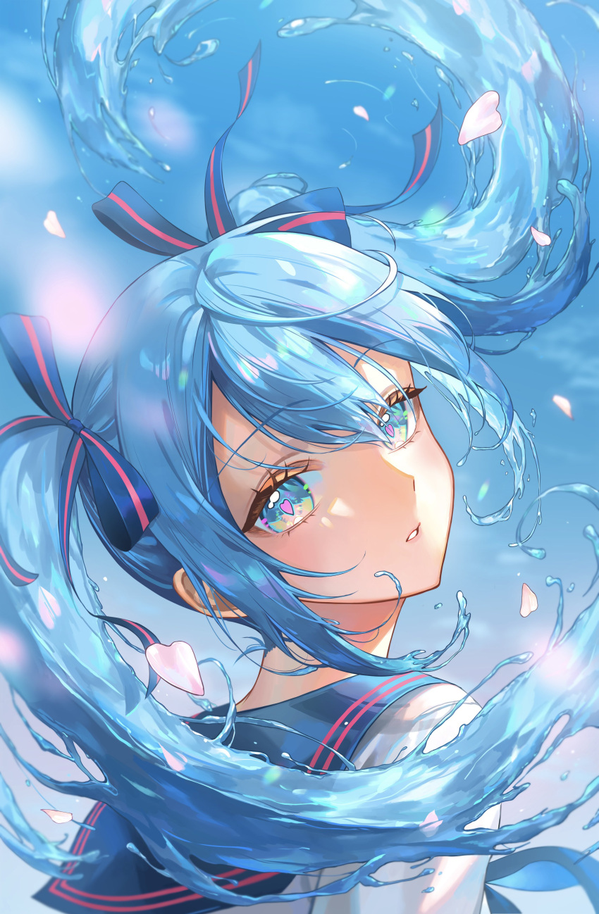 1girl absurdres blue_eyes blue_hair eyelashes floating_hair hair_between_eyes hair_ribbon hatsune_miku heart heart-shaped_pupils highres kinakomocci518 long_hair looking_at_viewer looking_back parted_lips petals red_ribbon ribbon sidelocks solo symbol-shaped_pupils twintails upper_body very_long_hair vocaloid water