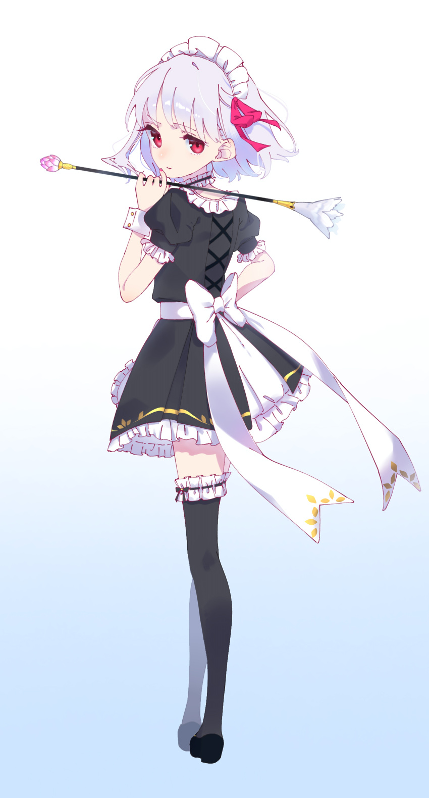 1girl absurdres alternate_costume apron back black_dress black_thighhighs blush breasts choker dress duster enmaided fate/grand_order fate/grand_order_arcade fate_(series) feather_duster finanshe frilled_choker frills full_body hair_ribbon highres kama_(fate) kama_(mistake)_(fate) looking_at_viewer looking_back maid maid_headdress puffy_short_sleeves puffy_sleeves red_eyes ribbon short_hair short_sleeves small_breasts solo thighhighs waist_apron white_apron white_hair wrist_cuffs