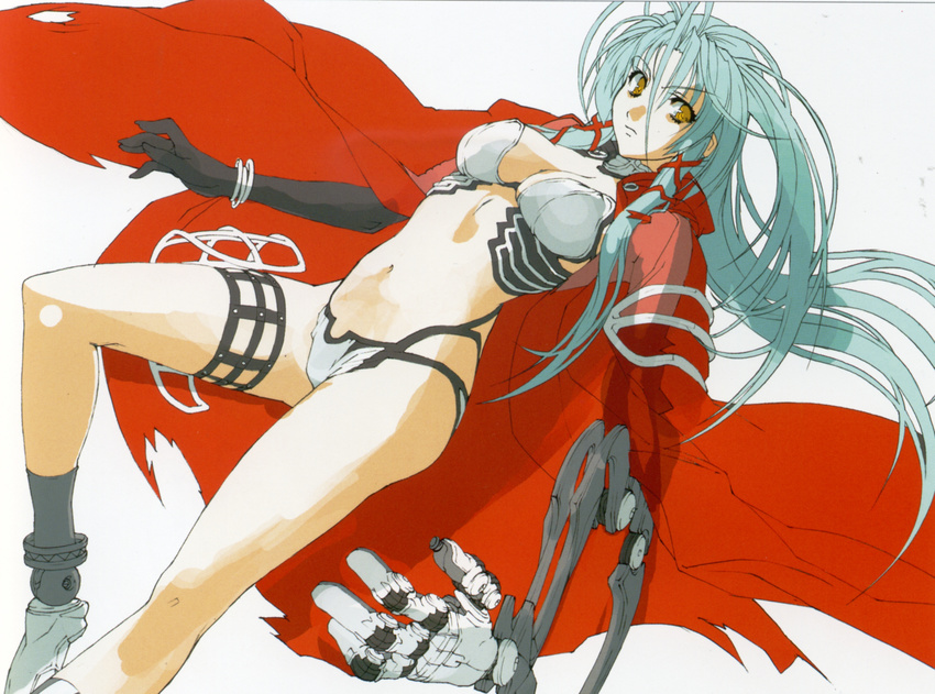 absurdres antenna_hair aqua_hair boots bracelet breasts cape cleavage dutch_angle elbow_gloves gloves hanawa_momiji highres jewelry jingai_makyou large_breasts long_hair mechanical_arm midriff navel nishii_(nitroplus) non-web_source solo thigh_strap torn_clothes very_long_hair yellow_eyes