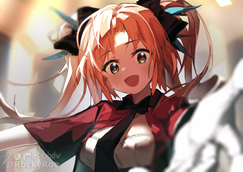 1girl :d absurdres arknights black_bow black_eyes black_necktie blurry blush bow breasts depth_of_field forehead gloves hair_bow highres jacket lofter_username long_sleeves medium_breasts necktie open_clothes open_hand open_jacket open_mouth orange_hair outstretched_arms parted_bangs pinecone_(arknights) pinecone_(sing_a_song)_(arknights) reaching reaching_towards_viewer red_jacket rockyroo shirt smile solo twintails upper_body watermark white_gloves white_shirt